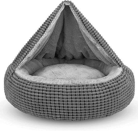 Round Plush Pet Bed with Attached Blanket – Medium (26")